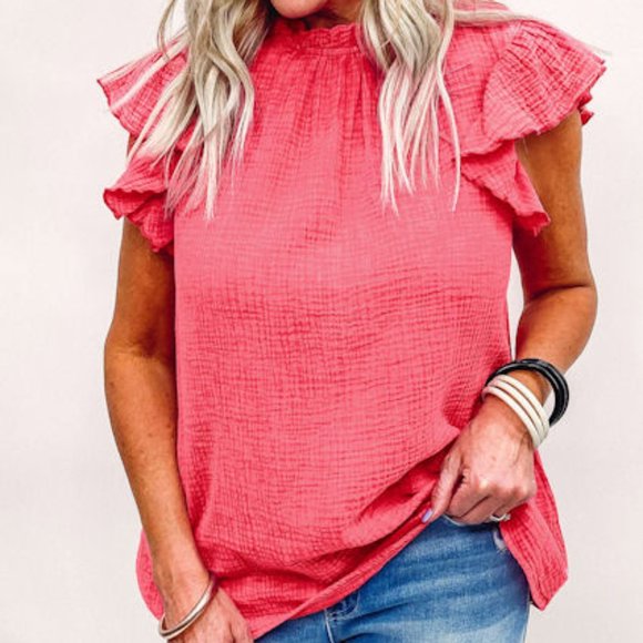 023. Rose Flutter Sleeve Frilled Neck Textured Blouse  Size M - Picture 2 of 11